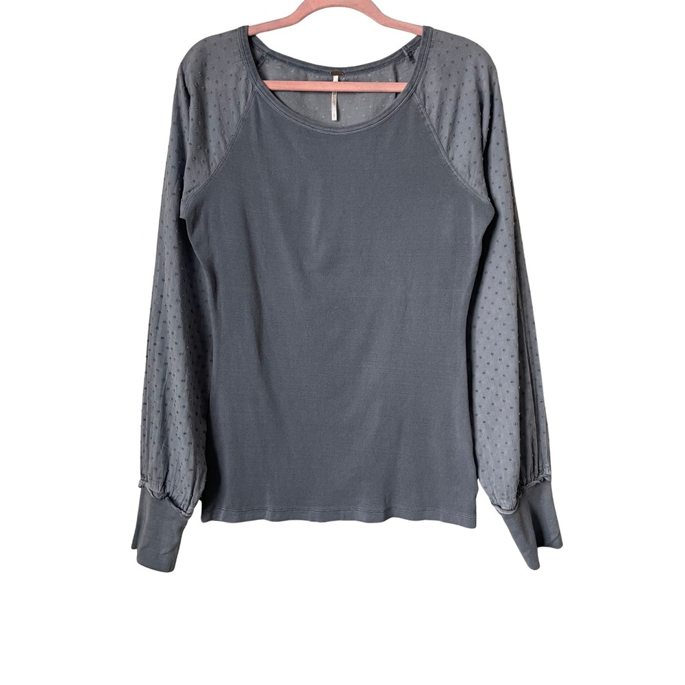Free People Top Womens Large Blue Gray Mixed Media Clip Dot Long Sleeve Boho